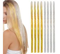 FUIPVGI 8 Pièces Extensions de Cheveux, Mèches de Cheveux Tinsel 120cm Tinsel de Cheveux de Brins, Extensions Tinsel De Cheveux, Hair Tinsel, Extensions de Cheveux Fées pour Femmes (Argent, Or)