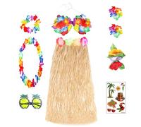 FUIPVGI 9 Pièces Ensemble de costume hawaïen, Jupe Hawaienne en Paille Paquet, Jupe Hawaienne, Hawaïen lei, Décoration de Fête Tropicale de Plage d'été, accessoire de fête tropicale Luau (Multicolore)