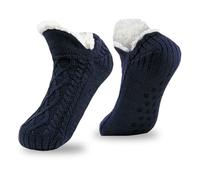 FUIPVGI Chausson Chaussette Homme Femme Chaussettes Tricotées épaisses Doublées de Polaire, Chaussettes Chaudes Antidérapantes, Chaussette D'hiver Moelleuses pour Maison de Lit au Sol (Marine Noir)