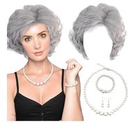 FUIPVGI Déguisement de vieille femme - Perruque grise avec perruque de grand-mère - Collier de fausses perles - Bracelet - Boucles d'oreilles - Bonnet de perruque pour Halloween - Fête mondiale