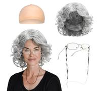 FUIPVGI Ensemble de déguisement pour vieille femme, ensemble de perruque grise avec perruque grand-mère, lunettes avec chaîne et kit d'accessoires pour grand-mère, bonnet de perruque pour Halloween,