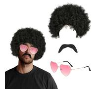 FUIPVGI Funky Afro Wig, 3 pièces accessoires de coiffure hippie rétro des années 70, lunettes hippie moustaches perruque afro funky, accessoires des années 60 et 70 pour hommes, costume (3 pièces)