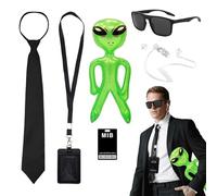 FUIPVGI Lot de 7 accessoires de costume d'agent, services secrets, accessoires de costume d'espion avec lunettes de soleil gonflables vertes, porte-carte d'identité, fausses oreillettes pour cosplay