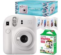 Fujifilm Instax Mini 12, Ensemble appareil photo instantané couleur blanc argile, avec 10 films, cadre accordéon et boîte Happy Days