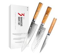 FUJUNI Lot de 3 couteaux damassés avec lame extrêmement tranchante en acier damassé VG-10 67 couches, manche en bois d'olivier, coffret cadeau