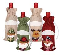 Fukaisu 4pcs Sacs pour Bouteilles Vin Noël, Sacs Cadeaux Noël Toile Jute Réutilisables avec Cordon Serrage Motif Père Bonhomme Neige Élan pour Décoration Fête
