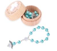Fukaisu Coffret Cadeau de Baptême « Mon Premier Chapelet », Coffret Souvenir et Bracelet Chapelet avec Ailes d'Ange Perles de Baptême Catholiques pour Baby Shower (Bleu Clair)