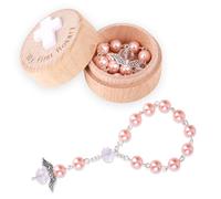 Fukaisu Coffret Cadeau de Baptême « Mon Premier Chapelet », Coffret Souvenir et Bracelet Chapelet avec Ailes d'Ange Perles de Baptême Catholiques pour Baby Shower (Rose)