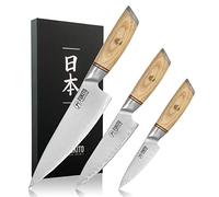 Fukito Pakka San Mai - Coffret 3 Couteaux de Cuisine Design Japonais Chef + Universel + Office, Lames Haute Teneur en Carbone - Pour Chef Professionnel & Particuliers
