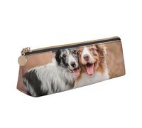 FUkker Pochette à Crayons, étui à Stylo Triangulaire, Sac à Crayons Portable, Pochette en Cuir pour l'école et Le Bureau,Deux Berger Australien Border Collie