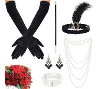 FUKPO 6 Pièces Accessoires Annee 20 Femme Set, Accessoire Annee 20 Gatsby Costume Femme, Charleston Deguisement Année 20 avec Bandeau Collier de Perles Porte Cigarette Gants Longs Boucle D'oreille