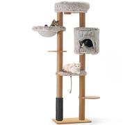 FUKUMARU Arbre à Chat de 188 cm en Bois de Caoutchouc Massif, Multi-Niveaux avec Griffoir et Panier Suspendu, Grand Perchoir et Abri pour Chat