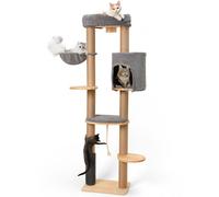 FUKUMARU Arbre à Chat pour Chat 188 cm, Montage Mural avec lit pour Chat, Poteaux à griffer, Brosse à Chat et Tapis à gratter en Jute, Arbre à Chat en Bois d'hévéa Massif Naturel