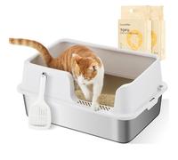 FUKUMARU Bac à Litière pour Chat en Acier Inoxydable, Maison de Toilette Chat à Hauts Rebords avec Deux Sacs de Litière, Bac à Litière Fermé Extra-Large avec Couvercle pour Gros Chats