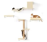 FUKUMARU Étagères Murales pour Chat, 4 en 1 Ensemble de Meubles Muraux, Mur d'escalade en Bois avec Griffoir, Pont et Lit pour Chat, Beige