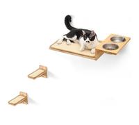 FUKUMARU Étagères Murales pour Chat avec 2 Marches, Station de Nourriture et Perchoir en Bois de Caoutchouc Solide