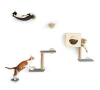 FUKUMARU Étagères Murales pour Chat, Set de 5 Meubles Muraux, Grimpeur en Bois Stable avec Hamac, Maison, Marches et Poteau à Griffer, Gris