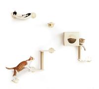 FUKUMARU Étagères Murales pour Chat, Set de 5 Meubles Muraux, Grimpeur en Bois Stable avec Hamac, Maison, Marches et Poteau à Griffer, Beige