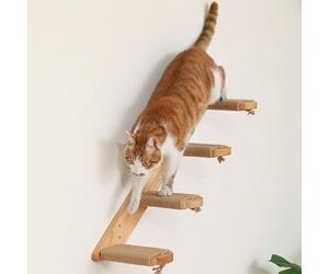 FUKUMARU Étagères Murales pour Chats, Échelle Murale à 4 marches, Petite Échelle en Bois Massif, avec Corde en Jute pour Griffoir. Étagères et Meubles Suspendus pour Activités, Grand Modèle