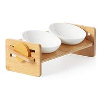 FUKUMARU Gamelles surélevées en céramique pour Chat - pour Petit Chien - Inclinables à 15° - Support d'eau en Bambou Massif pour Chats et Chiots