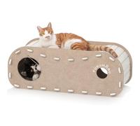 FUKUMARU Lit pour Chat d'intérieur, Grotte Extra Large pour Chat 80 cm Maison Confortable avec Boule Moelleuse à Suspendre, Lit cachette en Feutre résistant aux Rayures, Tunnel félin, Beige