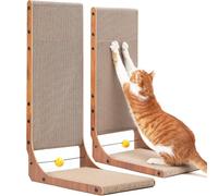 FUKUMARU Lot de 2 griffoirs verticaux en carton en forme de L avec balle pour chat d'intérieur, 67 cm, couleur noyer