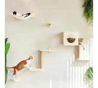 FUKUMARU Lot de 5 étagères murales en Bois pour Chat avec hamac, Maison, marches, griffoir - Beige