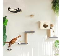 FUKUMARU Lot de 5 étagères murales en Bois pour Chat avec hamac, Maison, marches, griffoir - Gris