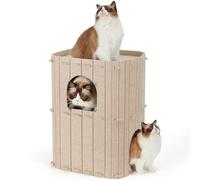 FUKUMARU Niche pour Chat d'Intérieur, Nid de Chat Grande Maison à 2 Étages, Grotte Confortable Recouverte de Feutre Lits pour Chats, 45x36,5x60 cm, Camel