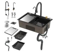 Fukursul Évier de cuisine, évier poste travail en acier inoxydable noir 26,77 po x 17,72 avec robinet cascade extractible, revêtement technique, planche à découper sur rail coulissant, panier vi