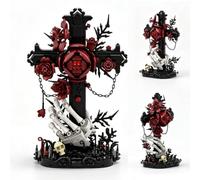 Fuleying Croix gothique Roses rouges Briques de construction pour adultes | Kit de construction de croix sombre avec fleurs, main squelette, art romantique comme décoration intérieure