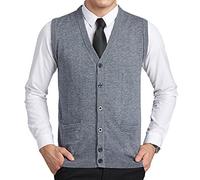 FULIER Hommes Gilet en Laine De V-Cou Gilet sans Manche Gilet Classique Gentleman Tricots Cardigans Pull Tricoté Débardeurs avec Boutons (XL, Gris)