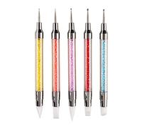 FULINJOY Lot de 5 stylos de sculpture à double extrémité pour nail art, outils de pointillage, pinceaux de vernis à ongles en silicone, outils de sculpture en acier inoxydable, poignée en strass