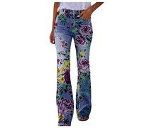 FULKAN Cadeaux pour enseignantes - Jean mom taille haute pour femme avec élastique, skinny, taille plus, imprimé floral mignon, boutons, bas cloche évasé, jambe large en denim (01-Violet, M)