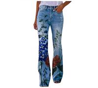FULKAN Cadeaux pour femme, jean bootcut Mom pour femme, taille haute, extensible, grande taille, mignon, imprimé floral, boutons, bas évasé, pantalon en jean à jambe large (03-rouge, S), 03 - Rouge