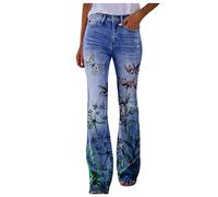 FULKAN Chapeaux d'été pour femmes, jeans bootcut Mom pour femmes, taille haute, extensible, grande taille, mignon, imprimé floral, boutons, bas évasé, pantalon en jean à jambe large (02-bleu ciel, L)