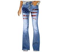 FULKAN Jean bootcut Mom pour femme taille haute extensible skinny grande taille mignon imprimé floral bouton évasé bas cloche pantalon en jean pantalon large, 02 - Rouge, M
