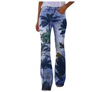 FULKAN Jeans bootcut Mom pour femmes, taille haute, extensible, grande taille, mignon, imprimé floral, boutons, bas évasé, pantalon en jean à jambe large (02-bleu, 5XL), 02 - Bleu