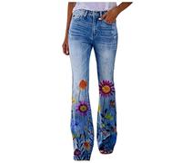 FULKAN Pantalon en jean taille haute pour femme avec boutons imprimés floraux mignons, style bootcut, coupe mom, skinny stretch, grande taille, bas cloche évasé à jambe large (04-Rouge vin, L)