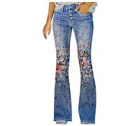 FULKAN Pantalon en jean taille haute stretch pour femme avec jambe large et boutons à fleurs imprimées, style bootcut, taille mi-longueur, taille élastique, skinny, grande taille, joli(01-Bleu,XXL)