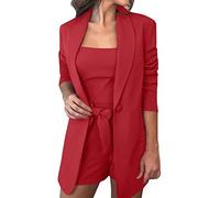 FULKAN Tenue d'affaires sexy 3 pièces pour femme - Décontractée - Légère - Manches longues - Avec boutons ouverts sur le devant - Haut court + short à ceinture - Ensemble de blazer formel pour le