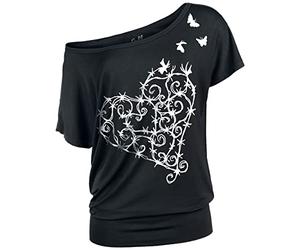 Full Volume by EMP Femme T-Shirt Noir avec cœur en Fil barbelé 4XL