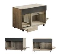 Fullarrive Armoire à litière pour chat avec porte en acrylique et plaque anti-sable - 2 gamelles - Maison pour chat cachée - Buffet de rangement - Meuble de salon - Chêne