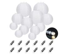 FullBerg Lot de 12 lampions en papier blanc (différentes tailles) avec 12 mini ampoules LED blanc chaud, abat-jour rond, lanterne en papier, décoration de mariage