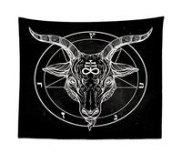 Fullfun Tapisserie Constellation Tête de chèvre Satanique avec Symbole Binaire Tatouage, Pentagramme et Démon Baphomet, Musique Rétro Été pour Motard Tenture Murale Noire pour Décoration de Maison