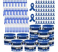 Fullhawl Lot de 150 accessoires de sensibilisation au cancer du côlon comprenant 50 bracelets en silicone, 50 broches à ruban bleu, 50 stylos pour mois du cancer du côlon, hommes, femmes, patients