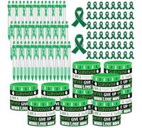 Fullhawl Lot de 150 rubans verts de sensibilisation comprenant 50 stylos à ruban, 50 bracelets en silicone et 50 broches pour paralysie cérébrale, maladie du foie, maladie mentale, mois de