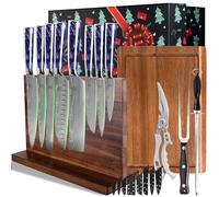 FULLHI Coffret cadeau de 13 couteaux avec porte-bloc à couteaux magnétique, planches à découper, ciseaux de cuisine, fourchette à dinde et bâton d'affûtage, set de couteaux de cuisine premier choix à