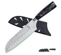 FULLHI Couteau santoku, couteau japonais de 7 pouces avec garde, couteau de cuisine en acier inoxydable pour la coupe de sushis avec étui (Résine noire)