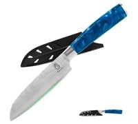 FULLHI Couteau santoku, couteau japonais multicolore de 5 pouces avec étui, couteau de cuisine en acier inoxydable avec garde (Résine bleue)
